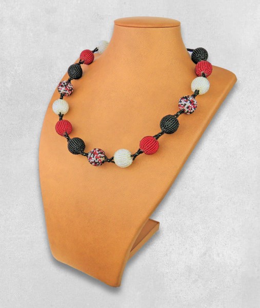 African Beaded Bobble Necklace Red Silver Black