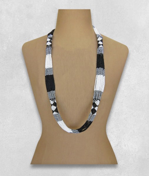 African Beaded Necklace Long Mvovo Black White