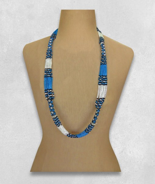 African Beaded Necklace Long Mvovo Blue Silver Black 