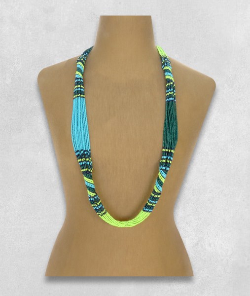 African Beaded Necklace Long Mvovo Lime Nebula Aqua Jade