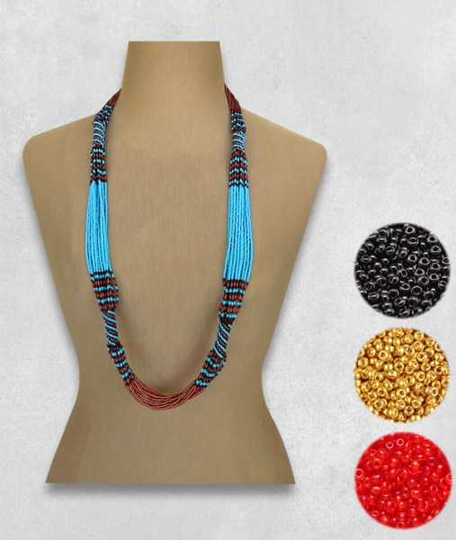 Red Gold Black African Beaded Necklace Long Mvovo
