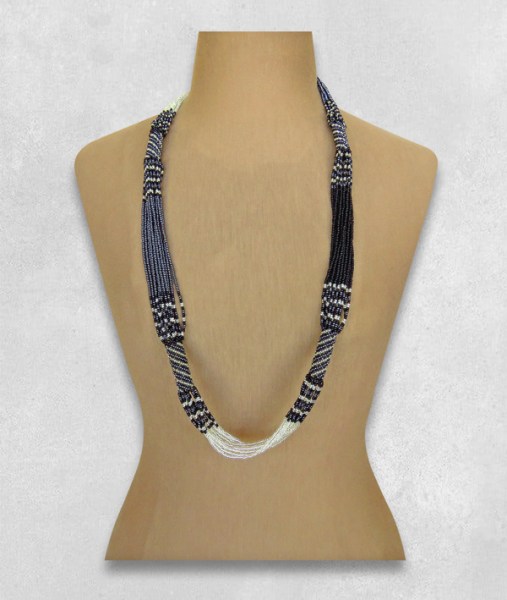 African Beaded Necklace Long Mvovo Silver Black Metallic Grey