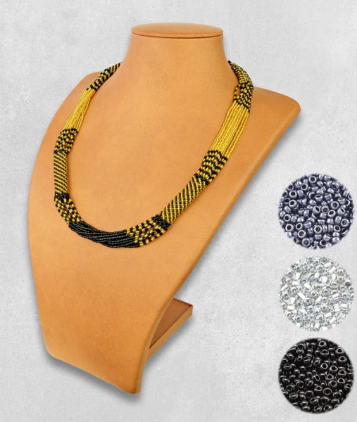 African Beaded Necklace Mvovo Silver Black Metallic Grey