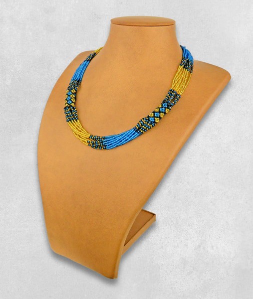African Beaded Necklace Mvovo Blue Gold Black