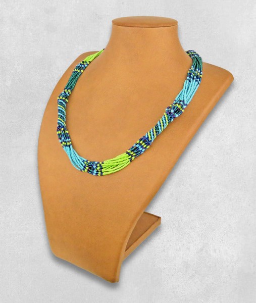 African Beaded Necklace Mvovo Lime Nebula Blue Jade