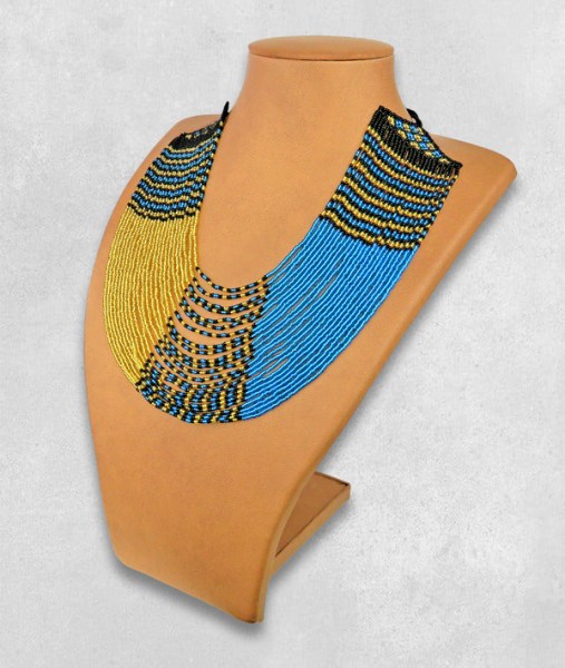 African Beaded Necklace Sibaya Blue Gold Black