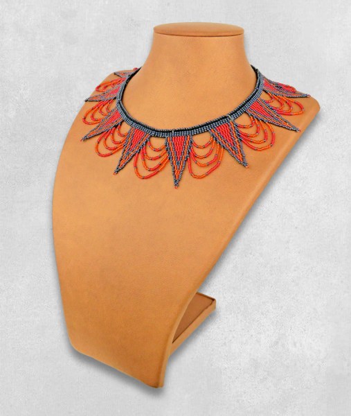 Beaded Necklace Zulu Spear Red Orange Metallic Grey