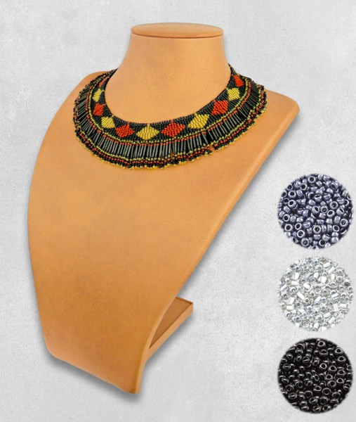 African Beaded Necklace Thandi Black Silver Metallic Grey