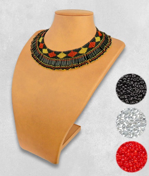 African Beaded Necklace Thandi Red Silver Black