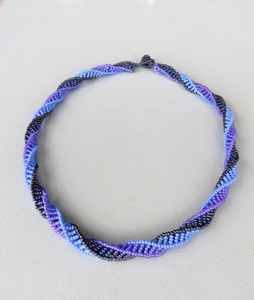African Beaded Necklace Twisted  Lilac Blue Metallic.
