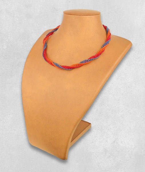 Beaded Necklace Twisted Red Orange Metallic Grey.