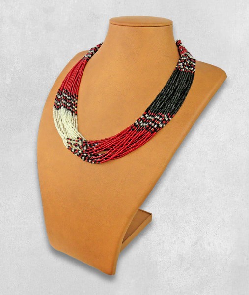 Beaded Necklace Zama Red Silver Black