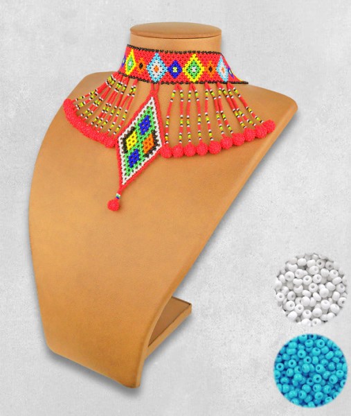 African Beaded Necklace Zulu Diamond Bobble Blue White
