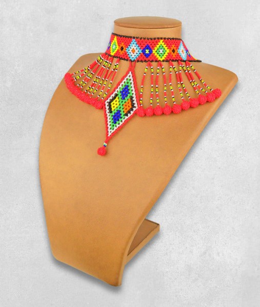 Red African Beaded Necklace Zulu Diamond Bobble