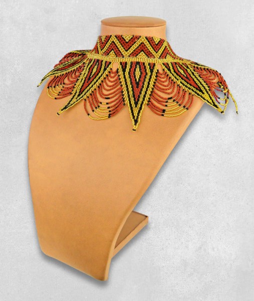 African Beaded Necklace Zulu Spear Choker Gold Brown Black