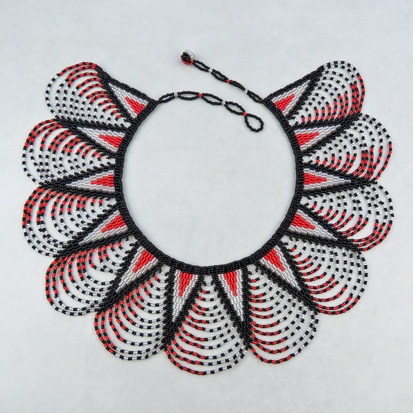 african beaded necklace zulu spear fringe red silver black 2
