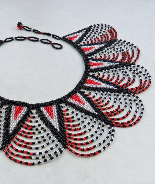african beaded necklace zulu spear fringe red silver black7