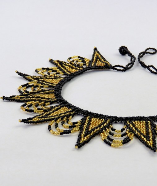 African Beaded Necklace Zulu Spear Gold Black