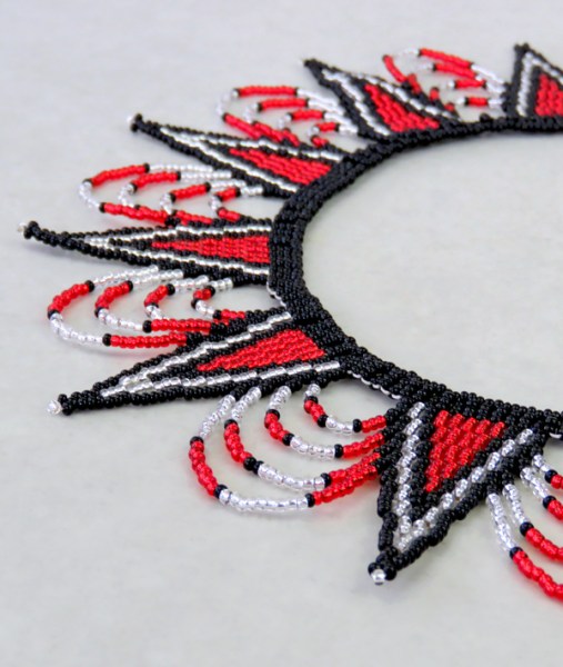 Beaded Necklace Zulu Spear Red Silver Black