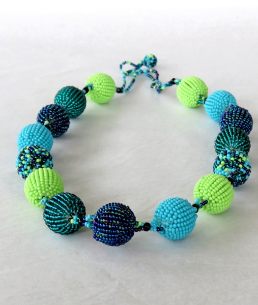 African Beaded Bobble Necklace Lime Nebula Aqua Jade