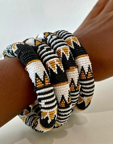 African Beaded Bangle Thick Rope Style White Black Gold