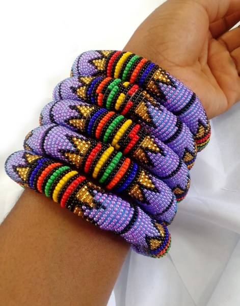 African Beaded Bangle Thick Rope Style Lilac And Zulu
