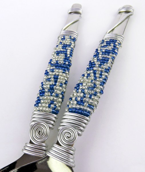 African Beaded Salad Servers Silver Dark Blue
