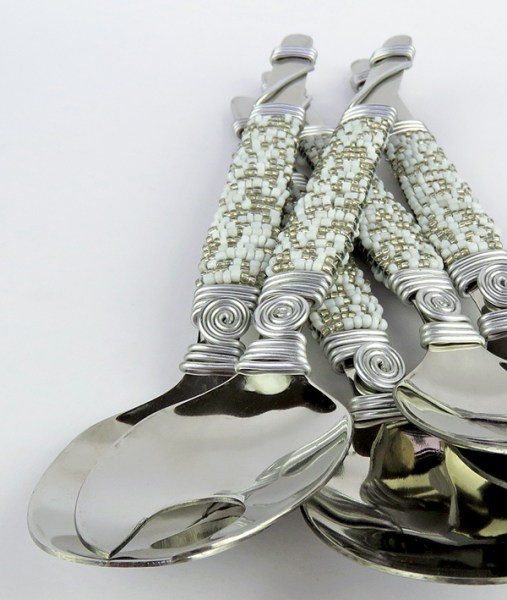 African Beaded Salad Servers Silver White