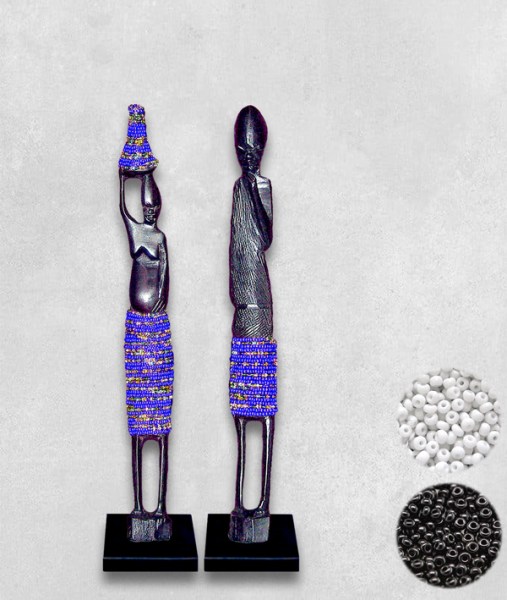 African Beaded Statues Pair Small Black White