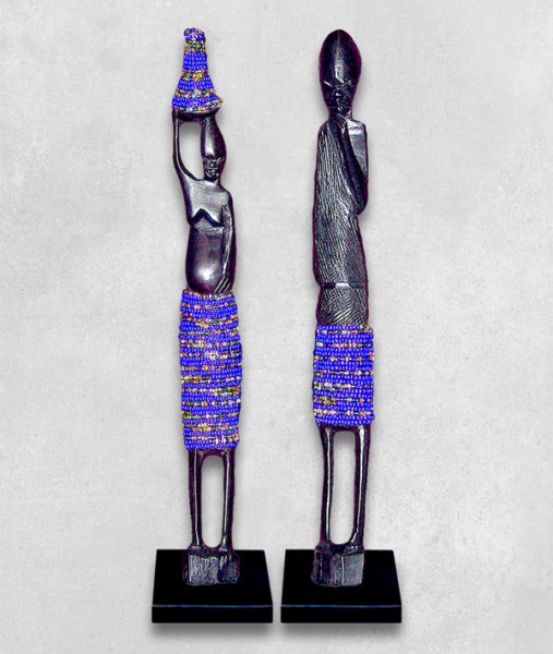 African Beaded Statues Pair Dark Blue Large