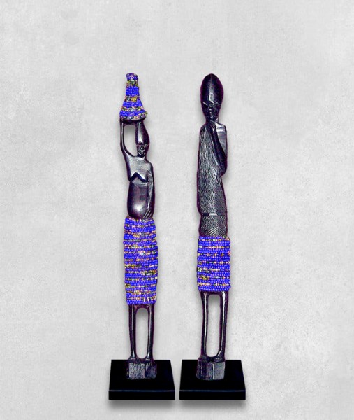 African Beaded Statues Pair Dark Blue Small