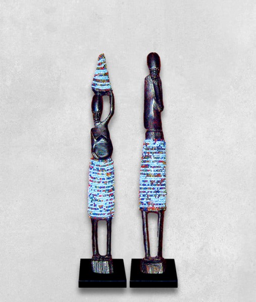 African Beaded Statues Pair Light Blue Small