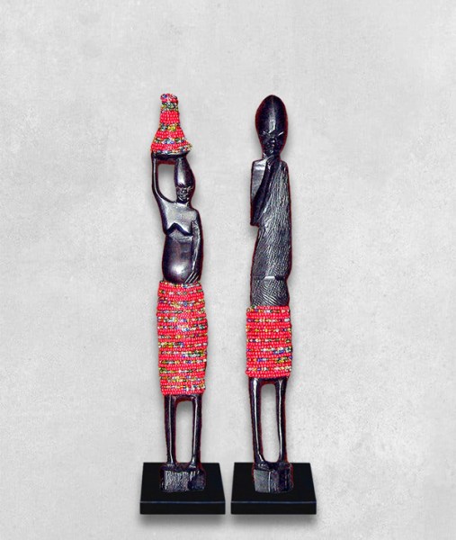 African Beaded Statues Pair Orange Large