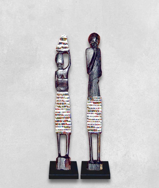 African Beaded Statues Pair White Small