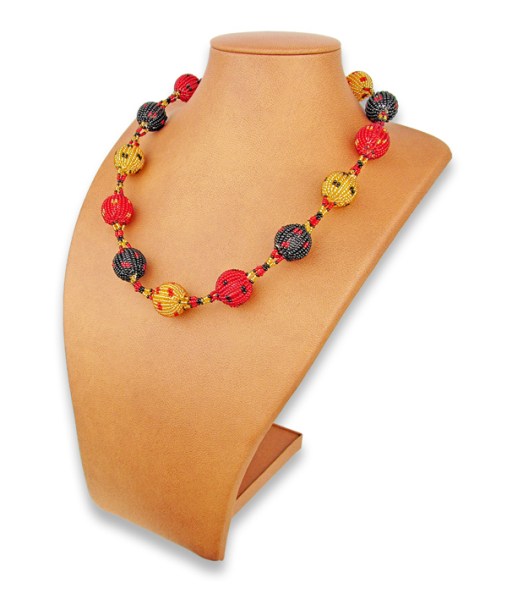 African Beaded Bobble Necklace Red Gold Black