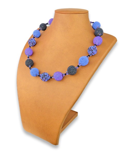 African Beaded Bobble Necklace Lilac Blue Metallic Grey