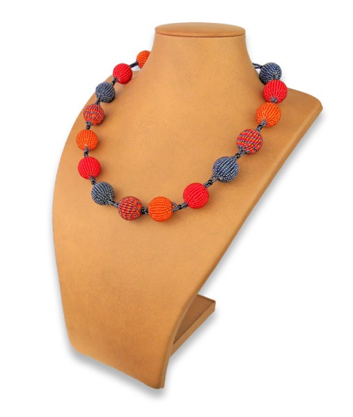 African Beaded Bobble Necklace Red Orange Metallic