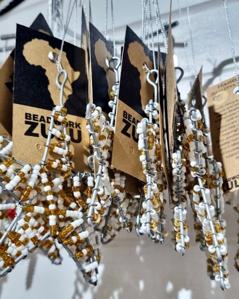 African Beaded Christmas Star 3 Gold White