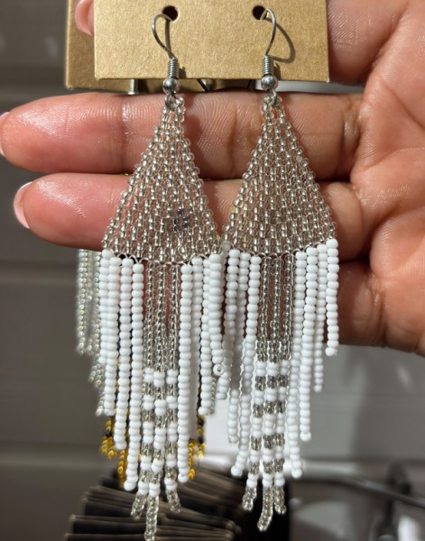 African Beaded Earrings Shiduli Silver White