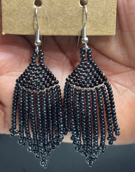 Beaded Short Tassel Earrings Black Metallic