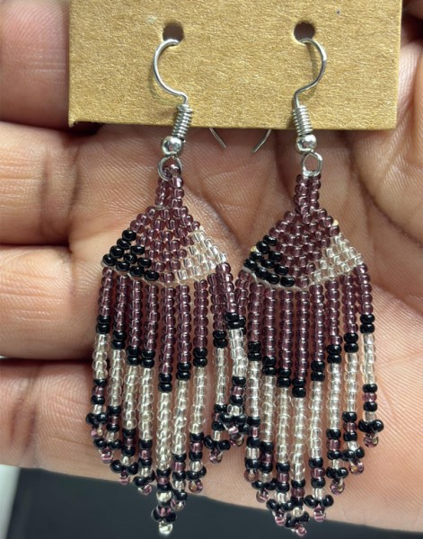 Beaded Short Tassel Earrings Purple Silver Black