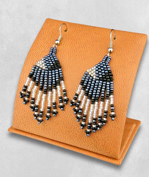 Beaded Short Tassel Earrings Silver Black Metallic