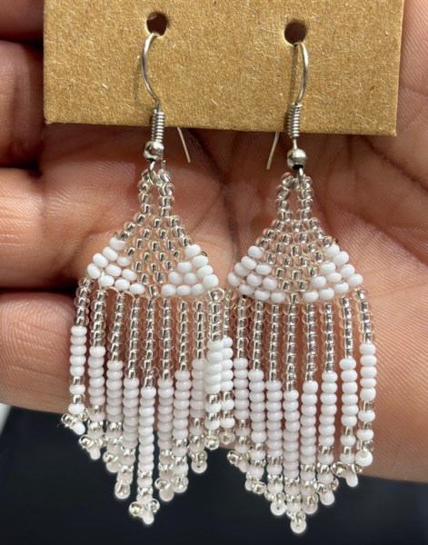 Beaded Short Tassel Earrings Silver White