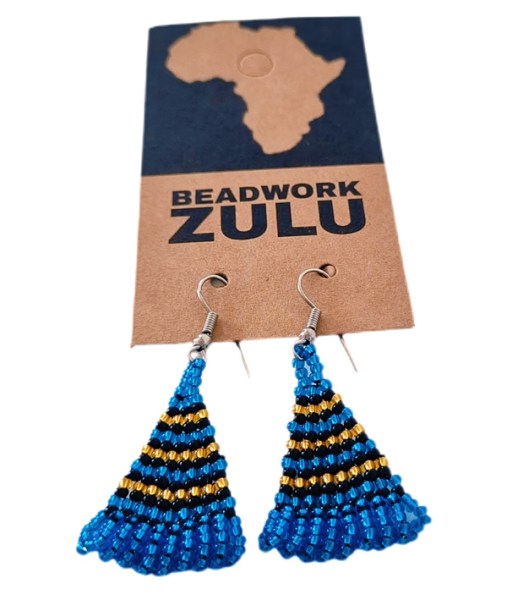 African Beaded Earrings Zulu Triangle Blue Black Gold