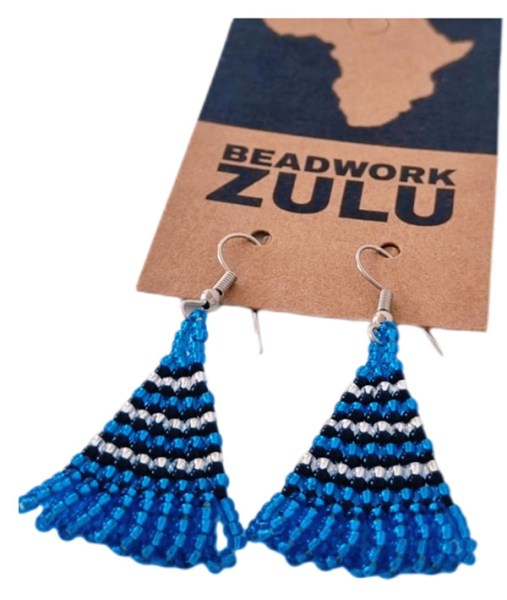 African Beaded Earrings Zulu Triangle Blue Silver Black
