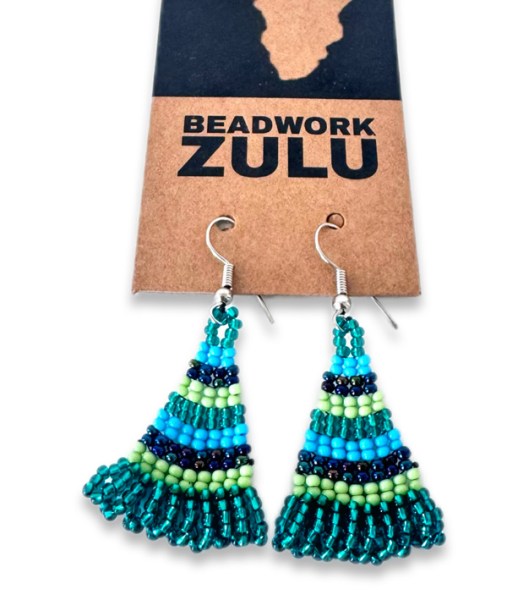 African Beaded Earrings Zulu Triangle Lime Navy Blue Jade