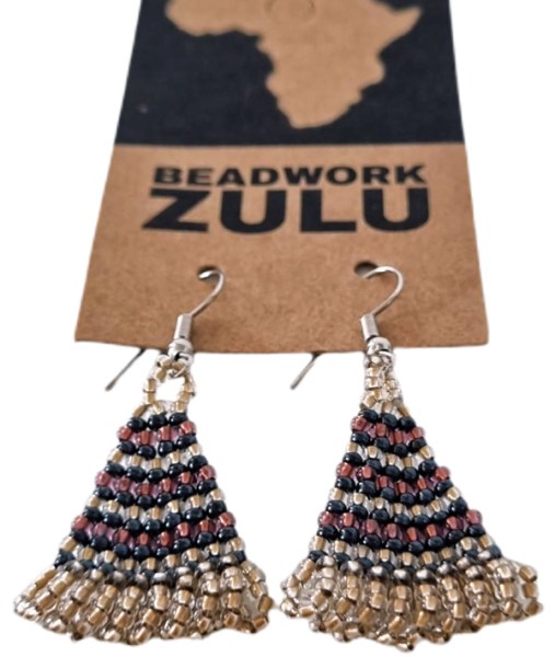 African Beaded Earrings Zulu Triangle Copper Metallic White-Gold