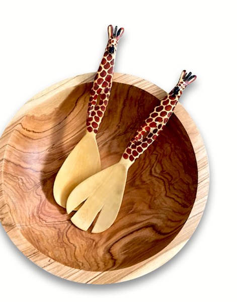 Giraffe Wood Carved Salad Server Set