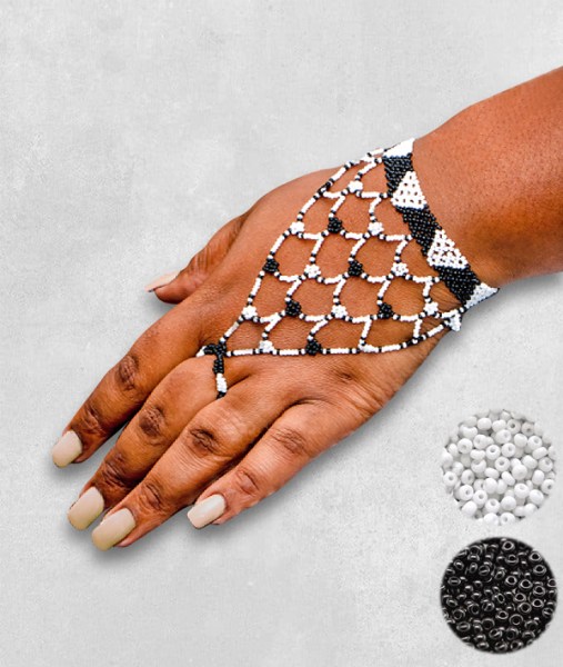White Black African Beaded Gloves