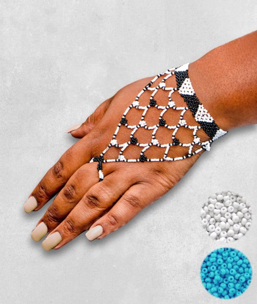 White Blue African Beaded Gloves
